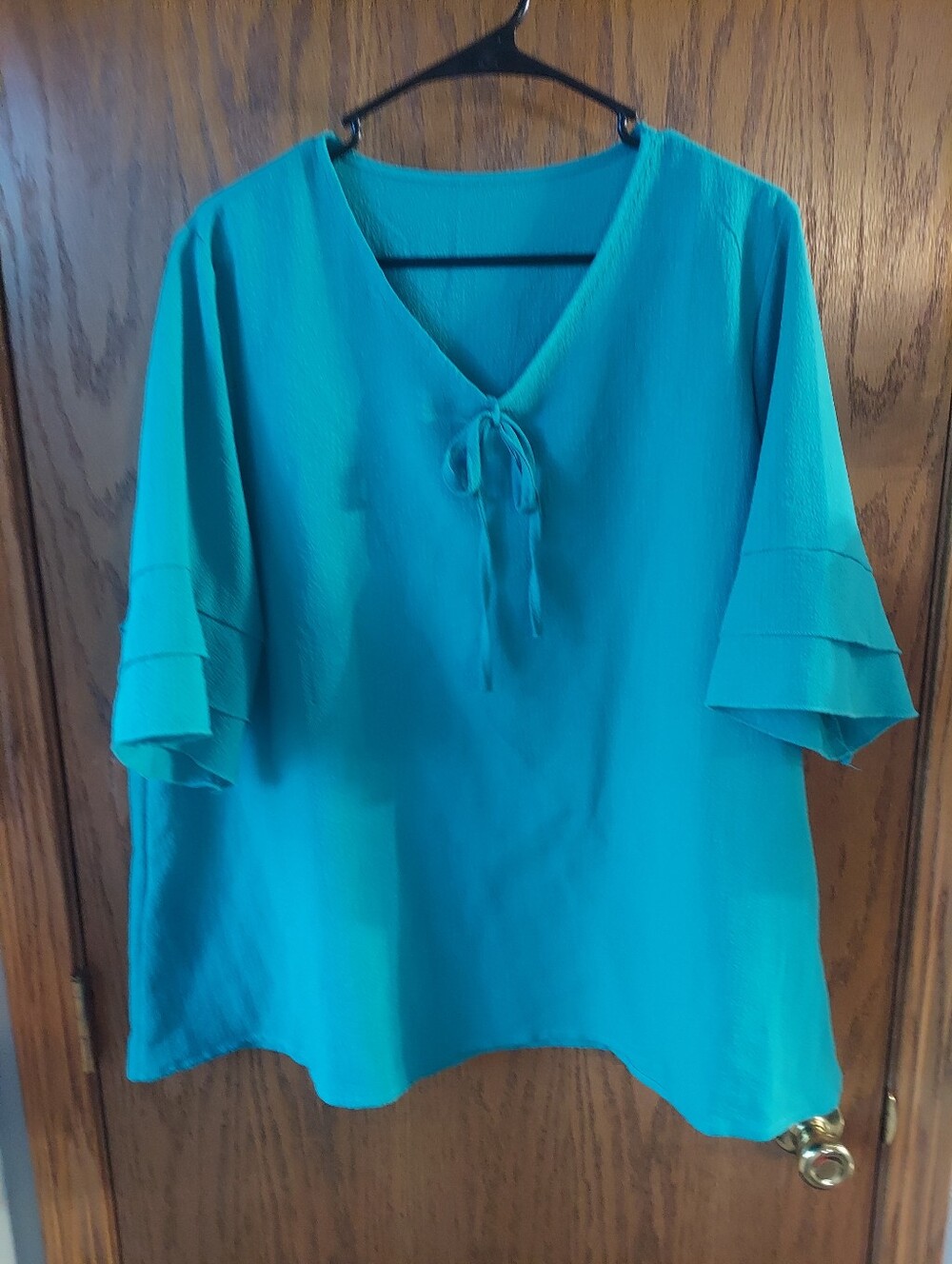 Women's Teal V-Neck Tie Front Blouse 3/4 Tiered Bell Sleeve Top 3XL